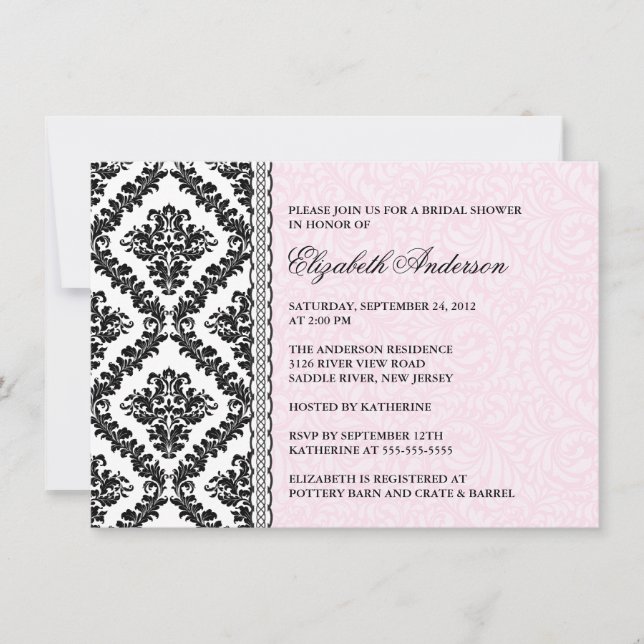Damask Bridal Dusche Einladung Black & Pink (Vorderseite)