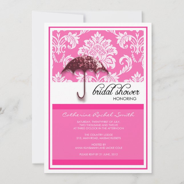 Damask Bridal Dusche Einladung in Fuchsia (Vorderseite)