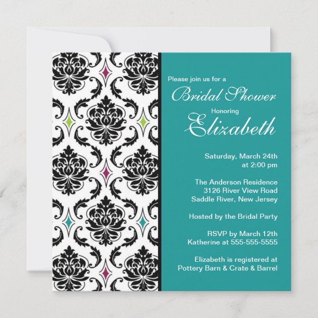Damask Bridal Dusche Einladung Schwarz & Türkis (Vorderseite)