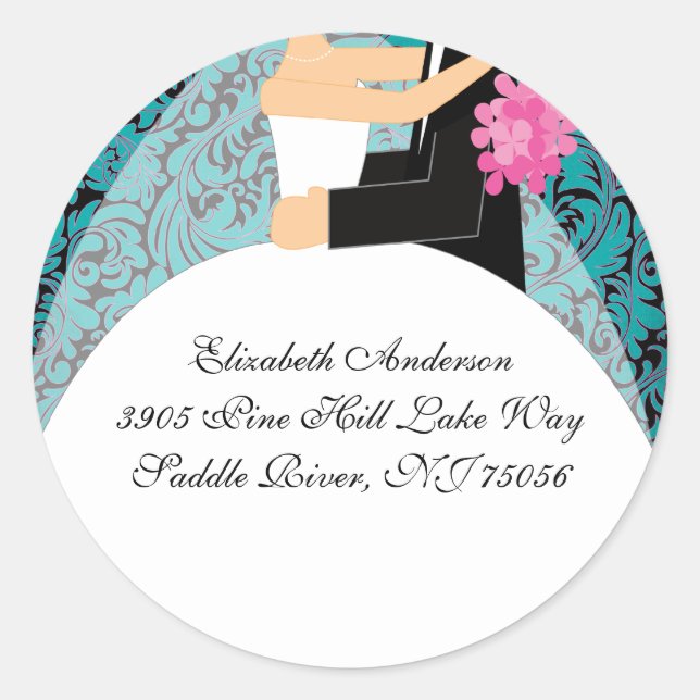 Damask Briet & Groom Address Sticker Türkis (Vorderseite)