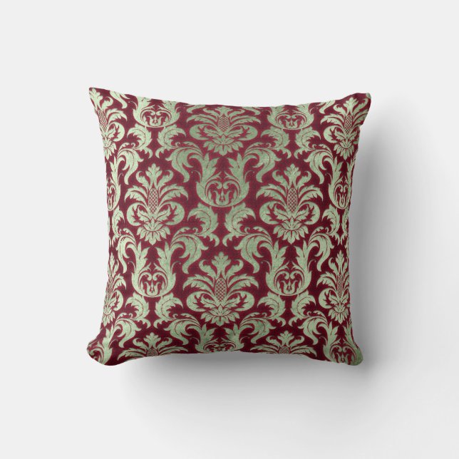 Damask Burgund Minze Grüne Hütte Velvet-Effekt Kissen (Vorderseite)