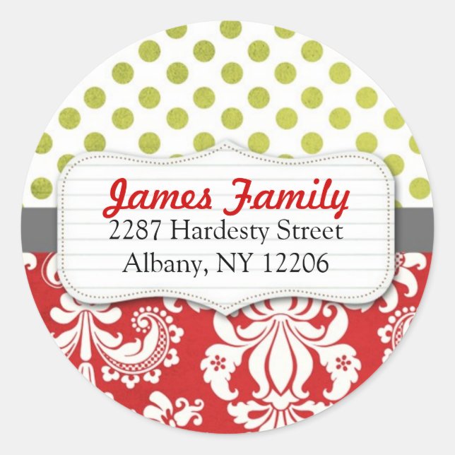 Damask Christmas Circle Address Label Runder Aufkleber (Vorderseite)
