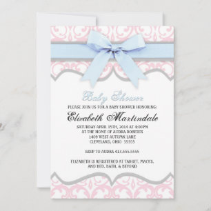 Damask Coeur bleu rose Baby shower Invitation