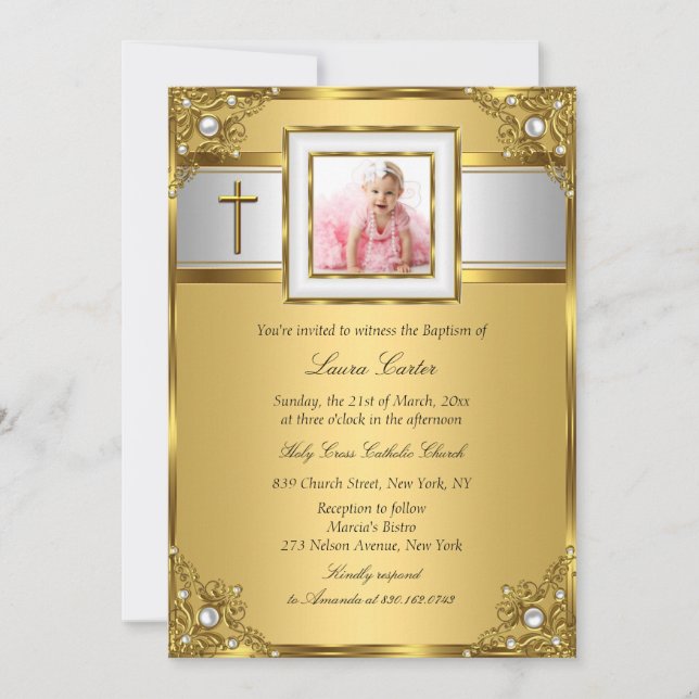 Damask & Cross-Gold-Foto-Taufe/Christening Einladung (Vorderseite)