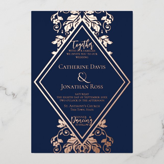 Damask Diamond Navy & Rose Mariage Foil Invitation (Recto)