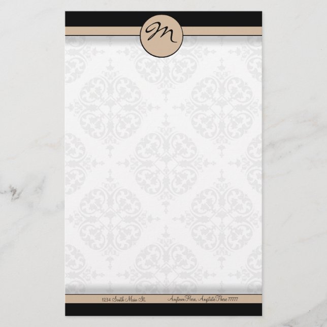 Damask Double Line Beige Monogramme papeterie (Devant)
