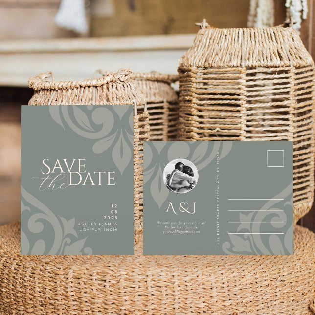 Damask Earthy Olive Foto Wedding Save the Date Ankündigungspostkarte (Von Creator hochgeladen)