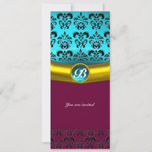 DAMASK-EDELSTEIN-MONOGRAMM, blaue Türkise Einladung
