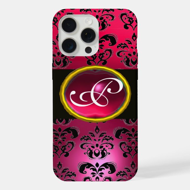 DAMASK-EDELSTEIN-MONOGRAMM Pink Rot Rubin iPhone Hülle (Rückseite)