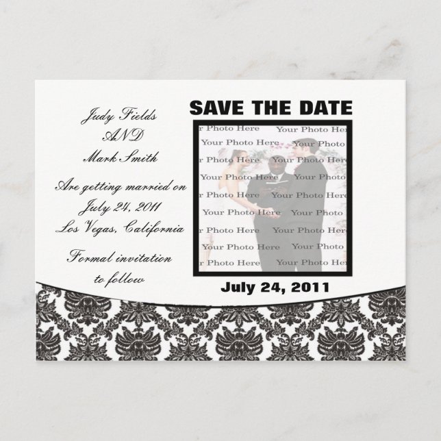 Damask Elegance Wedding Save the Date Postcard Ankündigungspostkarte (Vorderseite)