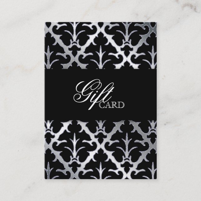 Damask Elegante Geschenkkarte Silberschwarz Rabattkarte (Vorderseite)