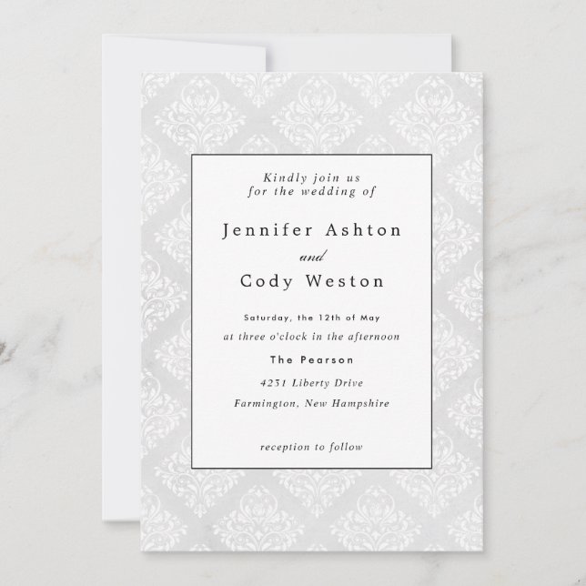 Damask Elegante klassische White Wedding Einladung (Vorderseite)