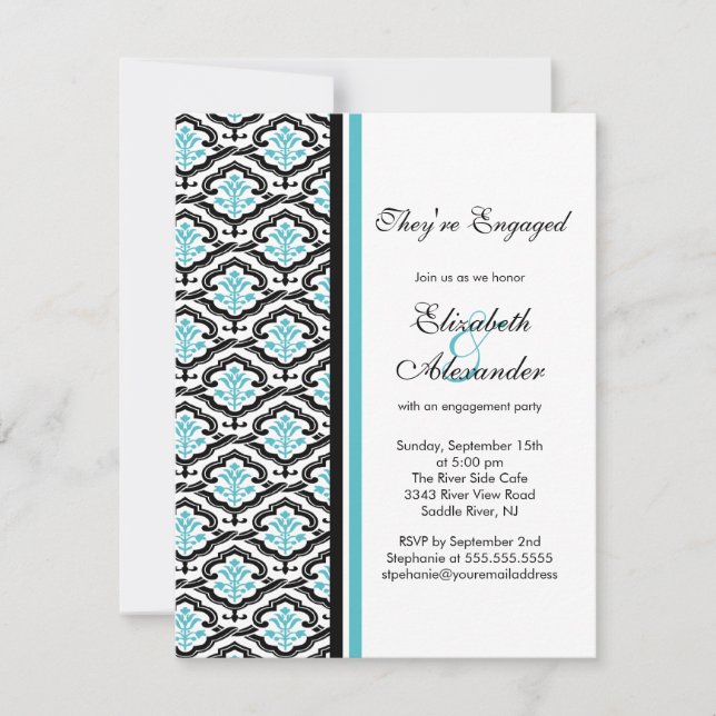 Damask Engagement Party Invitation bleu turquoise (Devant)