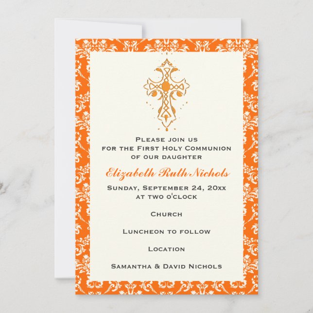 Damask Erste Heilige Kommunion Taufbestätigung Einladung (Vorderseite)