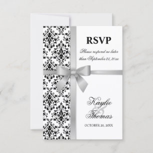 Damask Faux Silver Ribbon Wedding Carte RSVP