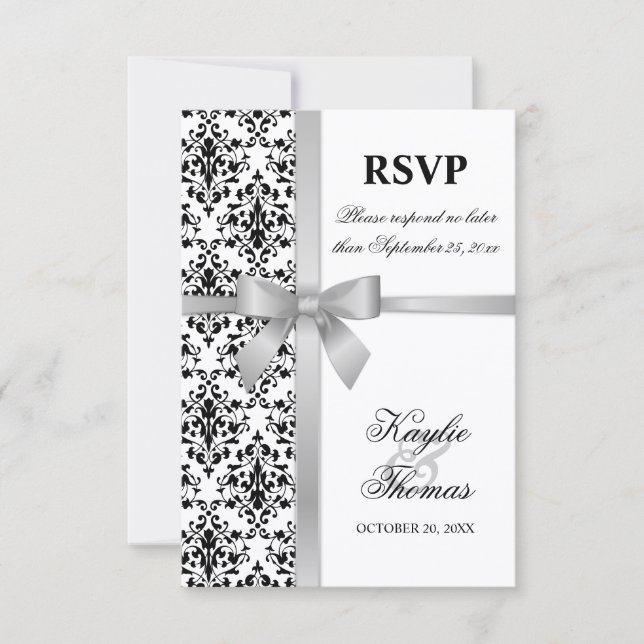 Damask Faux Silver Ribbon Wedding Carte RSVP (Devant)