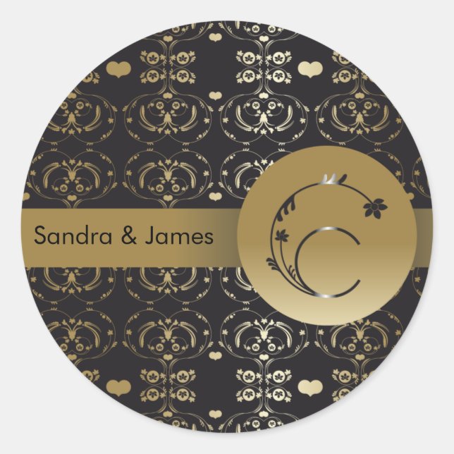 DAMASK FLORAL LETTER C MONOGRAM GOLD BLACK RUNDER AUFKLEBER (Vorderseite)