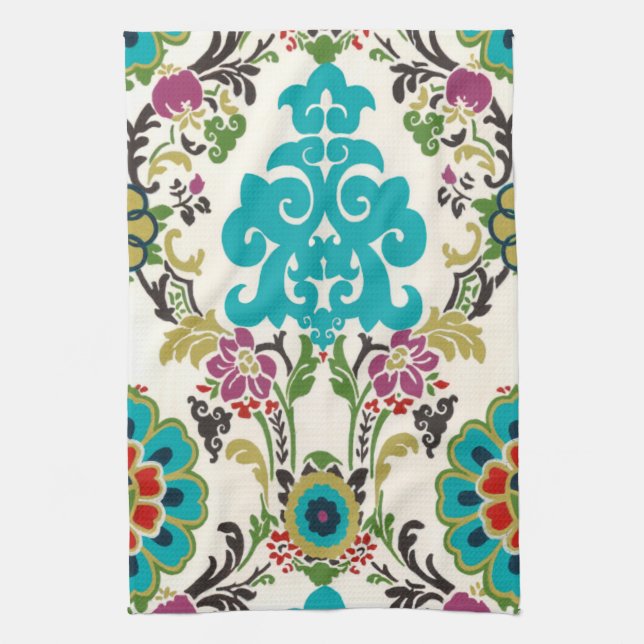 Damask Floral Patterns Plum Turquoise Geschirrtuch (Vertikal)