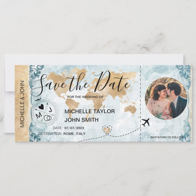 Damask Foto Save the Date Boarding Pass Weltkarte Einladung (Vorderseite)