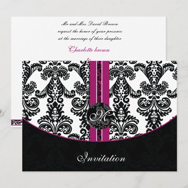 damask fuchsia faire-part de mariage (Devant / Derrière)