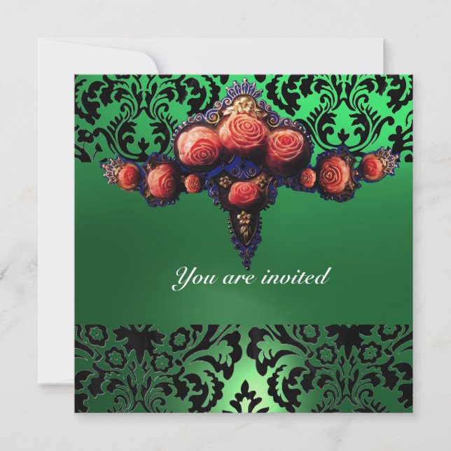 DAMASK GEM AND PINK ROSES MONOGRAMM EINLADUNG (Vorderseite)