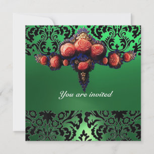 DAMASK GEM AND PINK ROSES MONOGRAMM EINLADUNG