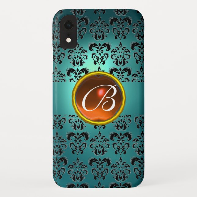 DAMASK GEM MONOGRAM Blau schwarz orange Case-Mate iPhone Hülle (Rückseite)