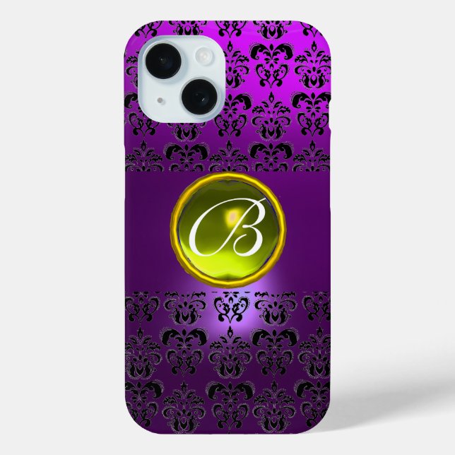 DAMASK GEM MONOGRAM Gelb lila iPhone 15 Hülle (Rückseite)