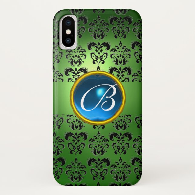 DAMASK GEM MONOGRAM grün schwarz Case-Mate iPhone Hülle (Rückseite)