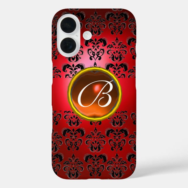 DAMASK GEM MONOGRAM rot schwarz orange iPhone 16 Hülle (Rückseite)