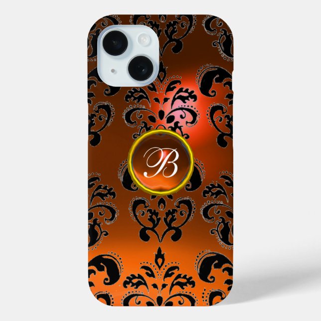 DAMASK GEM MONOGRAMM Orange iPhone 15 Hülle (Rückseite)
