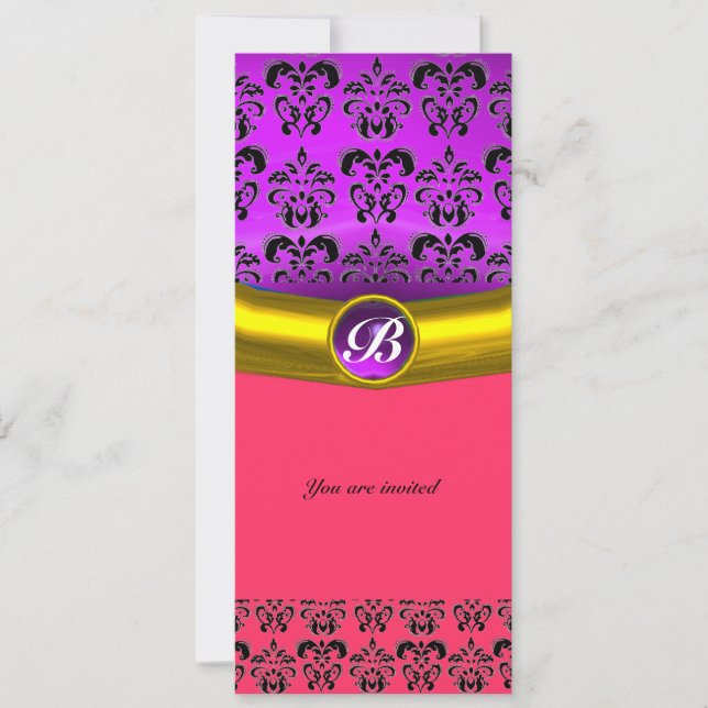 DAMASK GEM STONE MONOGRAM lila Veilchen Einladung (Vorderseite)