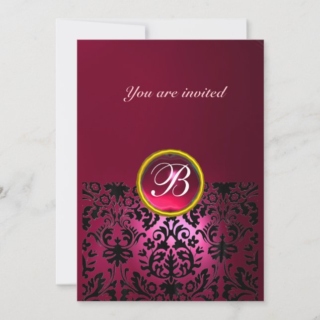 DAMASK GEM STONE MONOGRAM ruby pink fucsia Einladung (Vorderseite)