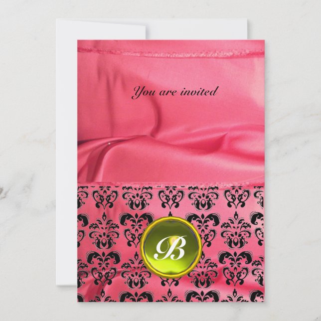 DAMASK GEM STONE MONOGRAM Seide rosa Einladung (Vorderseite)