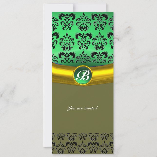 DAMASK GEM STONE MONOGRAMM grün Einladung (Vorderseite)