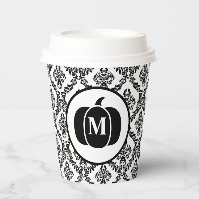 Damask Glam Monogram Halloween Pumpkin Pappbecher (Vorderseite)