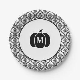 Damask Glam Monogram Halloween Pumpkin Pappteller