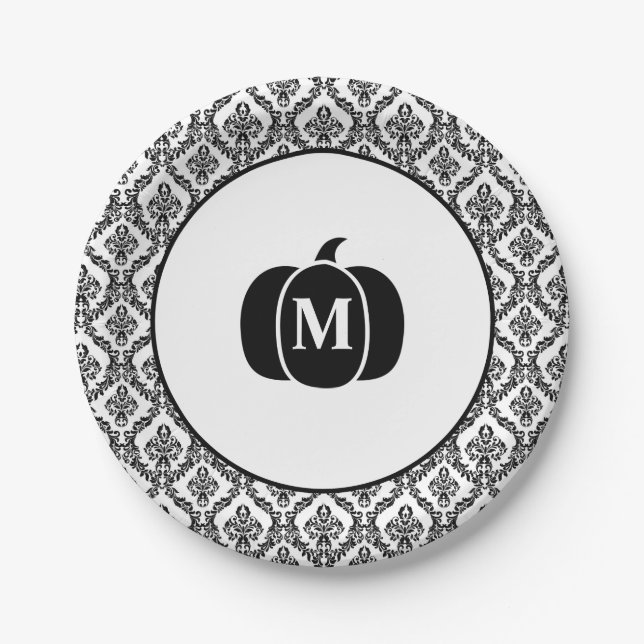 Damask Glam Monogram Halloween Pumpkin Pappteller (Vorderseite)