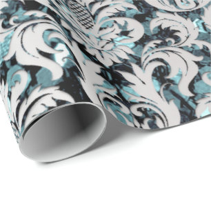 Damask Glitzer Aquamarin Silver Gray Royal Sequin Geschenkpapier