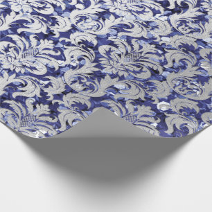 Damask Glitzer Blue Navy Silver Gray Royal Hütte Geschenkpapier