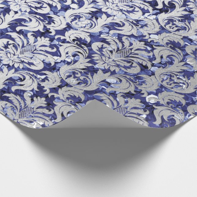 Damask Glitzer Blue Navy Silver Gray Royal Hütte Geschenkpapier (Ecke)