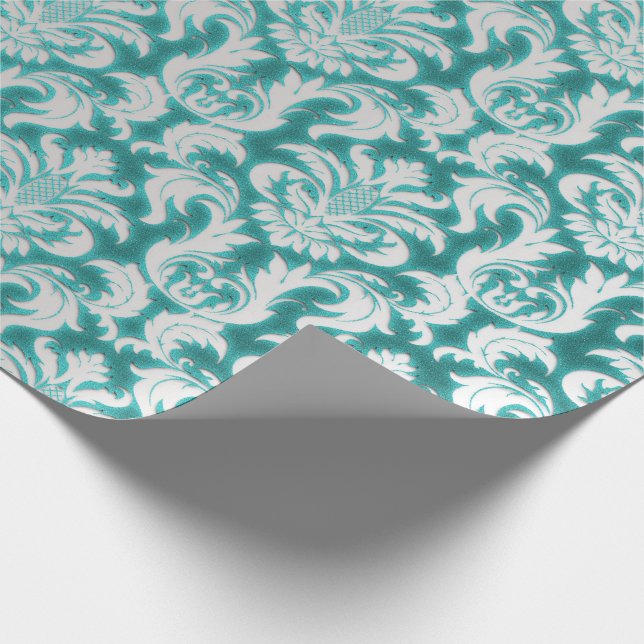 Damask Glitzer Mint Silver Gray Royal Velvet Geschenkpapier (Ecke)