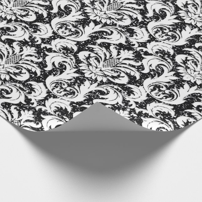 Damask Glitzer Schwarz-weiß Elegante Royal Geschenkpapier (Ecke)