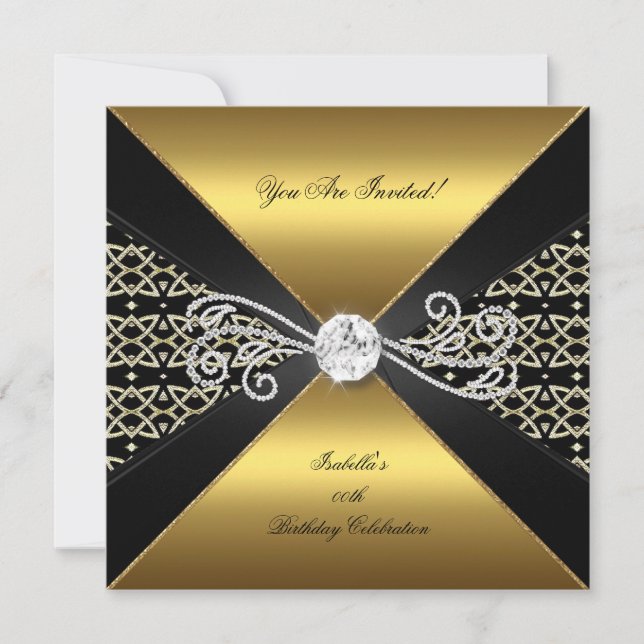 Damask Gold Black Diamond Gem Birthday Party Einladung (Vorderseite)