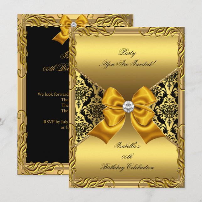 Damask Gold Bronze Diamond Black Birthday Party 2 Einladung (Vorne/Hinten)