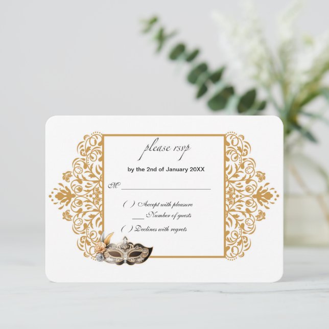 Damask Gold Masquerade RSVP Card Karte (Stehend Vorderseite)