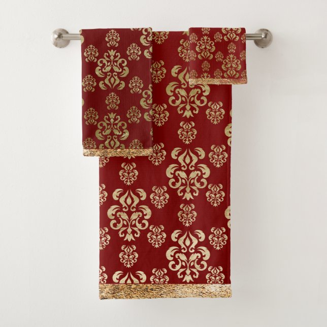 Damask Gold Red Elegante Moderne Badhandtuch Set (Insitu)