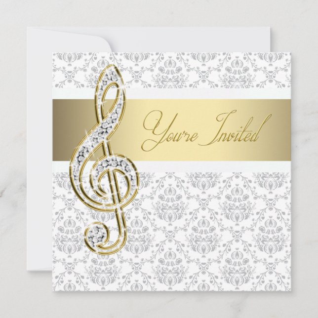 Damask Gold Treble Clef Music Einladungen (Vorderseite)