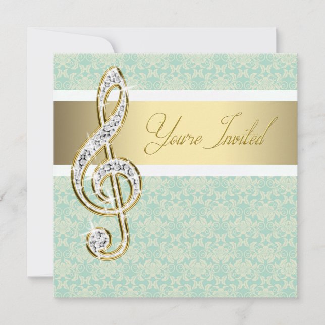 Damask Gold Treble Clef Music Einladungen (Vorderseite)