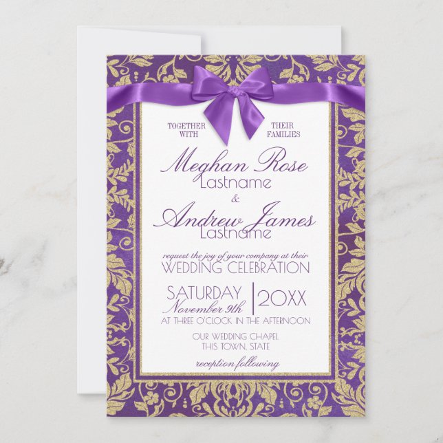 Damask Gold und Royal Lila Einladung Hochzeit (Vorderseite)